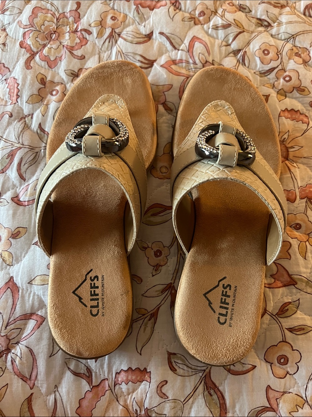 Cliffs by WHITE MOUNTAIN Beige Slip-On Sandals with Decorative Buckle